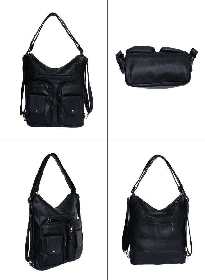 SANTORINI Women’s Handbag 2-in-1 Convertible Shoulder bag & Backpack | Multi-Pocket Bag with Adjustable Strap for Office, college and Daily Use. (Black) - Image 3